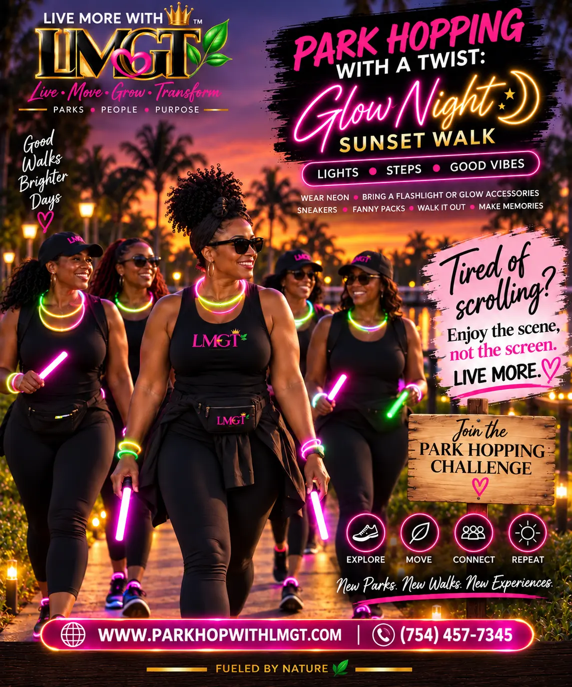 Glow Night Sunset Walk advert — lights, steps, good vibes.