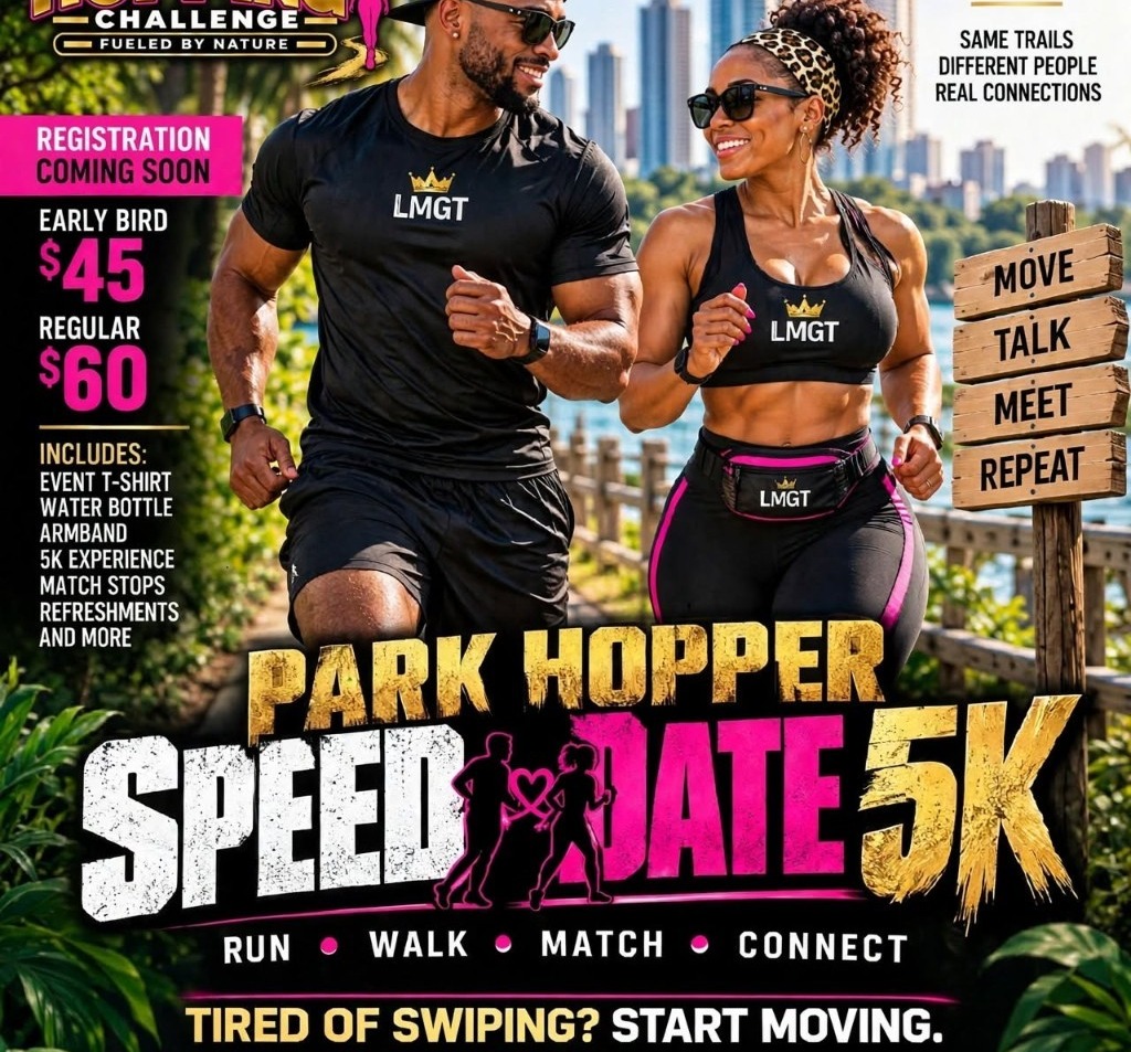 Park Hopper Speed Date 5K flyer — two people jogging together