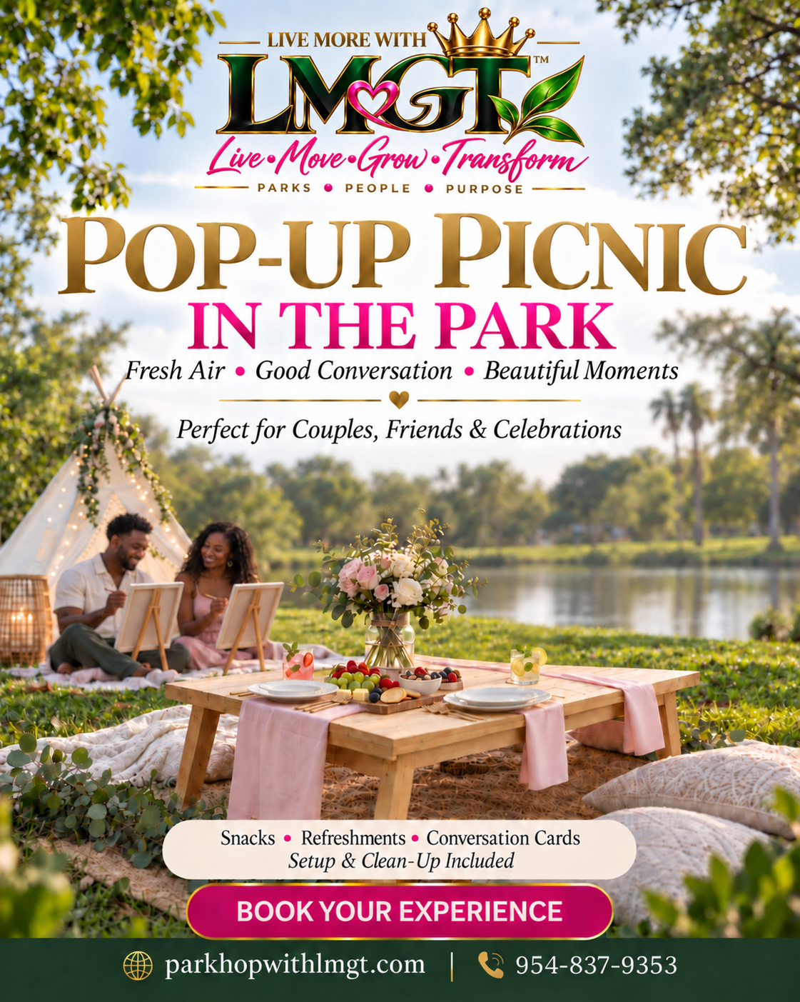 Pop-Up Picnic in the park advert with a couple painting at a lakeside picnic.