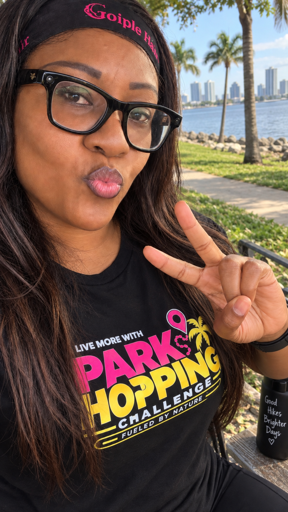 Lavern-Marie wearing Park Hopping gear at a waterfront park