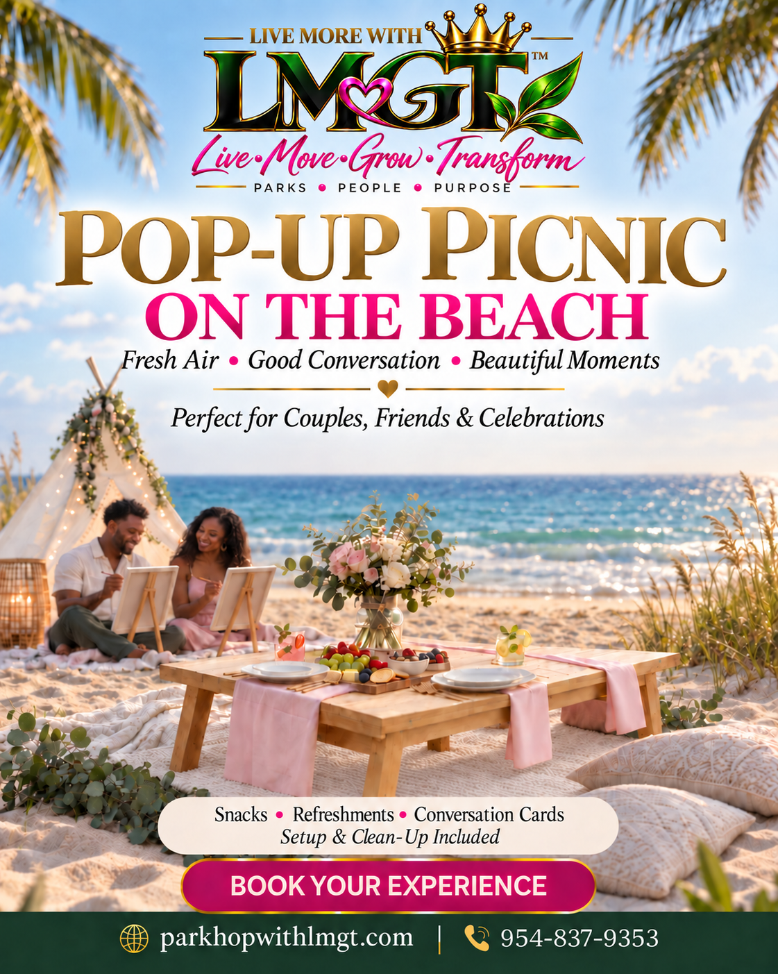 Pop-Up Picnic on the beach advert with a couple painting beside a picnic setup.