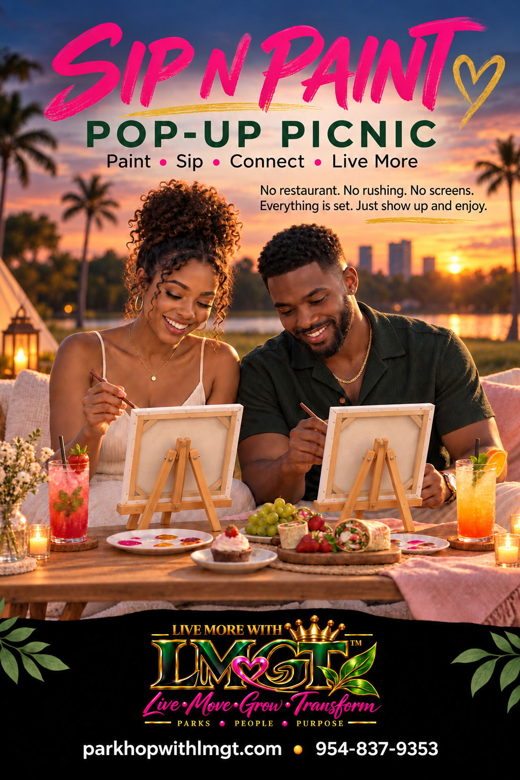 Sip and Paint Pop-Up Picnic advert with a couple painting at sunset.