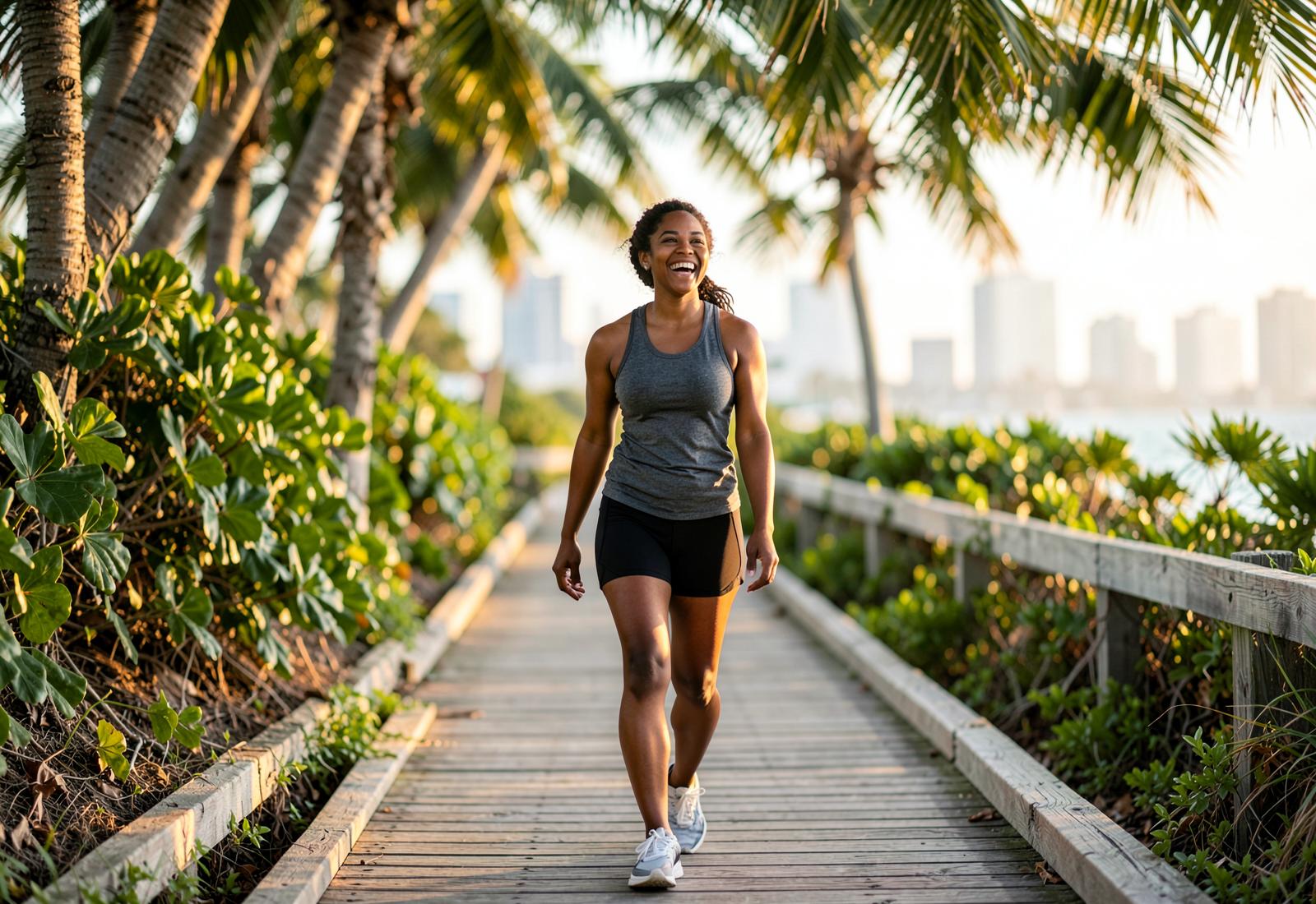 A woman walking a palm-lined boardwalk in South Florida at sunrise