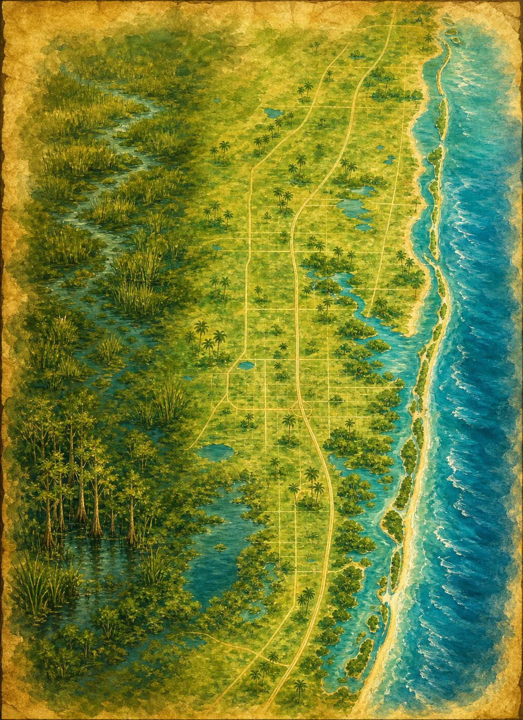 Illustrated map of Broward County, from the Everglades in the west to the Atlantic in the east